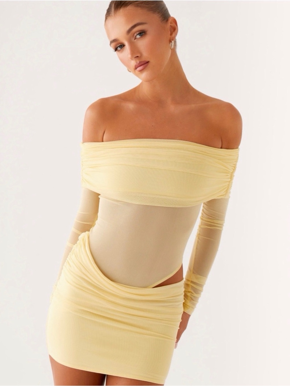 Peppermayo Pale Yellow Off-Shoulder Sheer Mini Dress